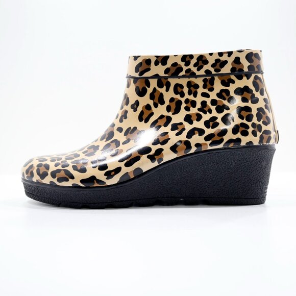 Sperry Top-Sider Brown Cheetah Print Rubber 2" Wedge Heel Short Rain Boots - 10 - Picture 1 of 7